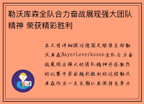 勒沃库森全队合力奋战展现强大团队精神 荣获精彩胜利