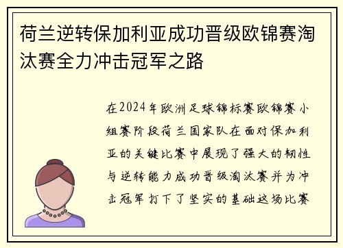 荷兰逆转保加利亚成功晋级欧锦赛淘汰赛全力冲击冠军之路