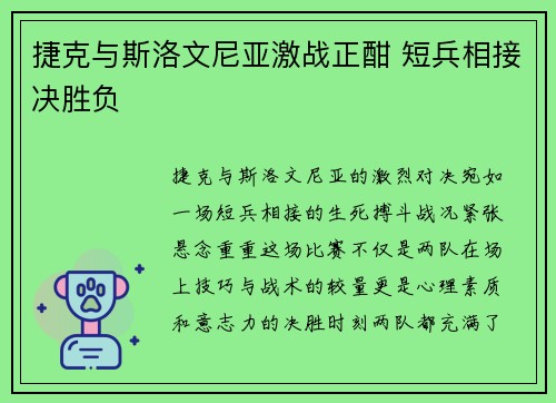 捷克与斯洛文尼亚激战正酣 短兵相接决胜负