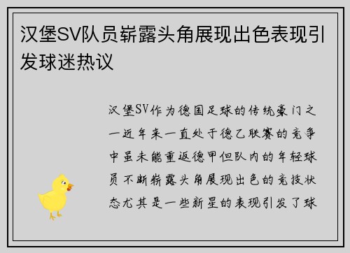 汉堡SV队员崭露头角展现出色表现引发球迷热议