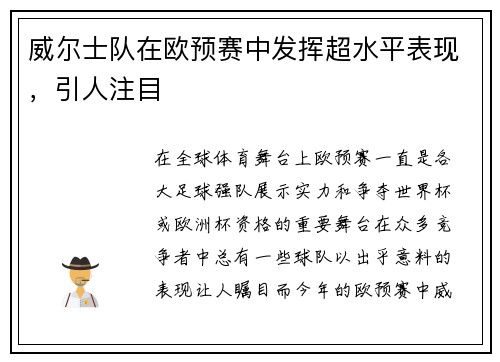 威尔士队在欧预赛中发挥超水平表现，引人注目