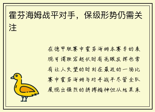 霍芬海姆战平对手，保级形势仍需关注