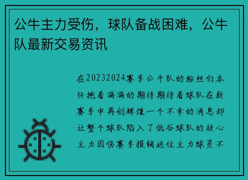 公牛主力受伤，球队备战困难，公牛队最新交易资讯